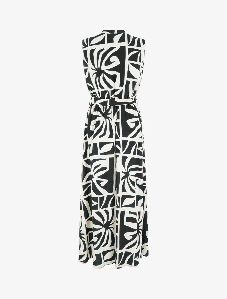 Lange jurk met gestileerde print en decoratieve knopen - Zwart - Image 2