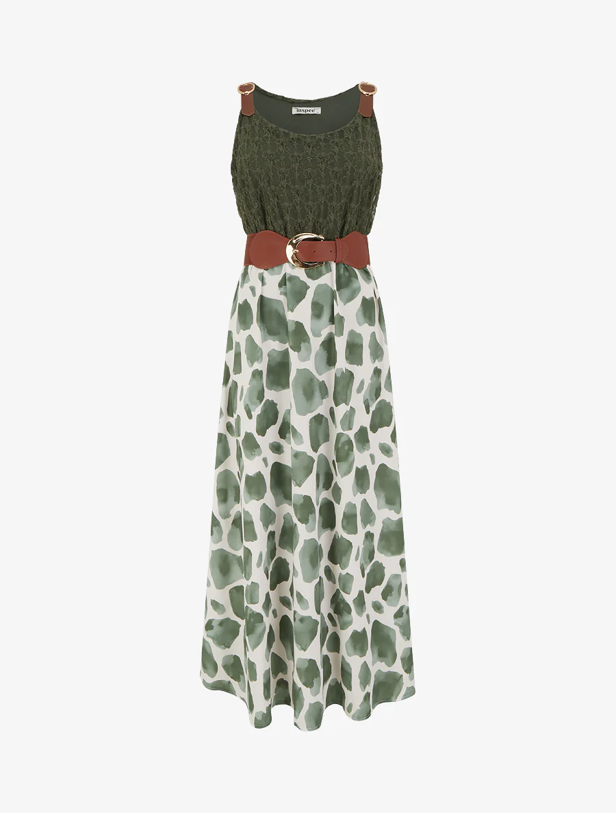 Lange jurk met giraffenprint en imitatieriemen - Kaki