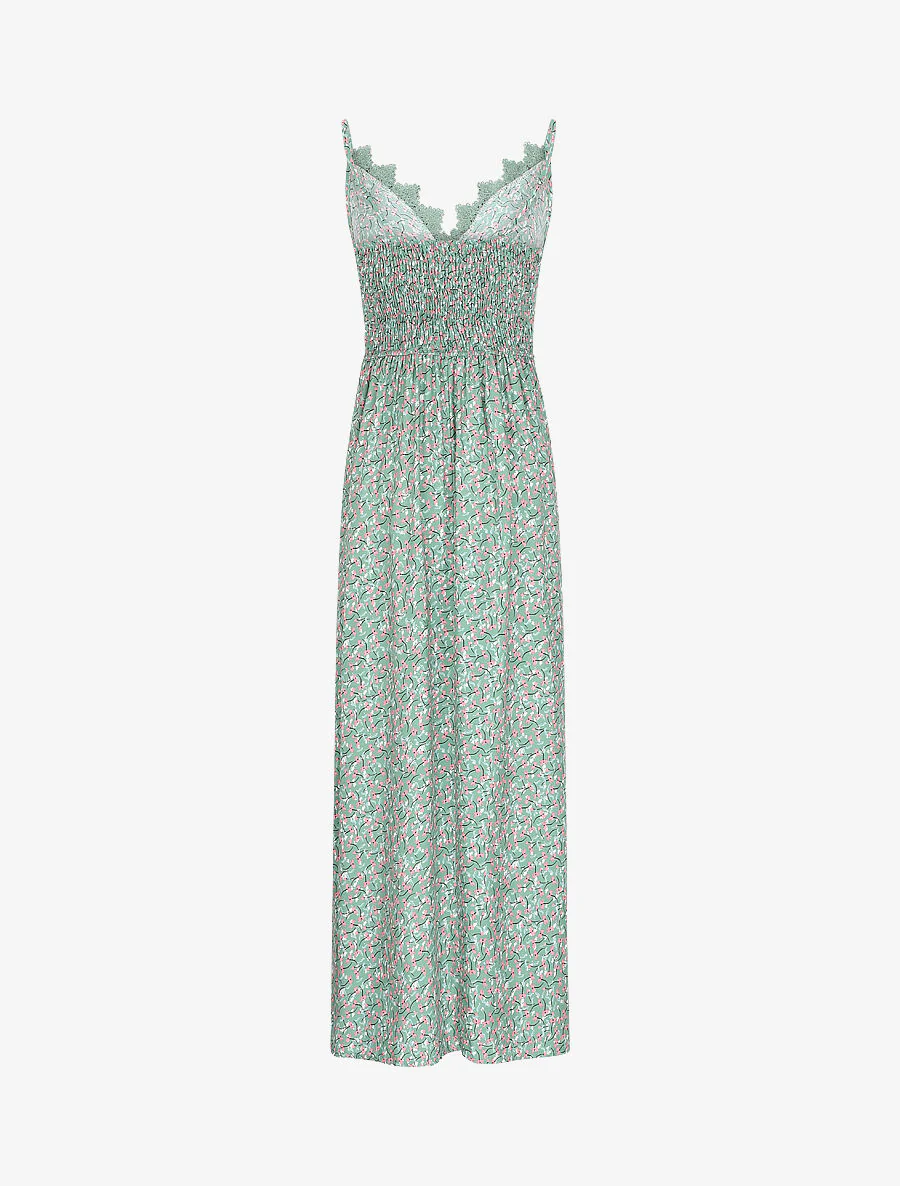 Lange jurk met grafische bloemen en fijne borduursels - Amandelgroen - Image 3