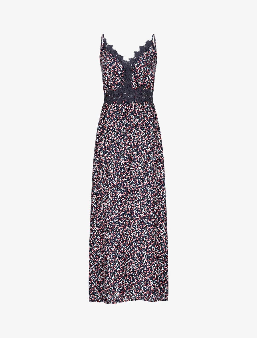 Lange jurk met grafische bloemen en fijne borduursels - Marineblauw