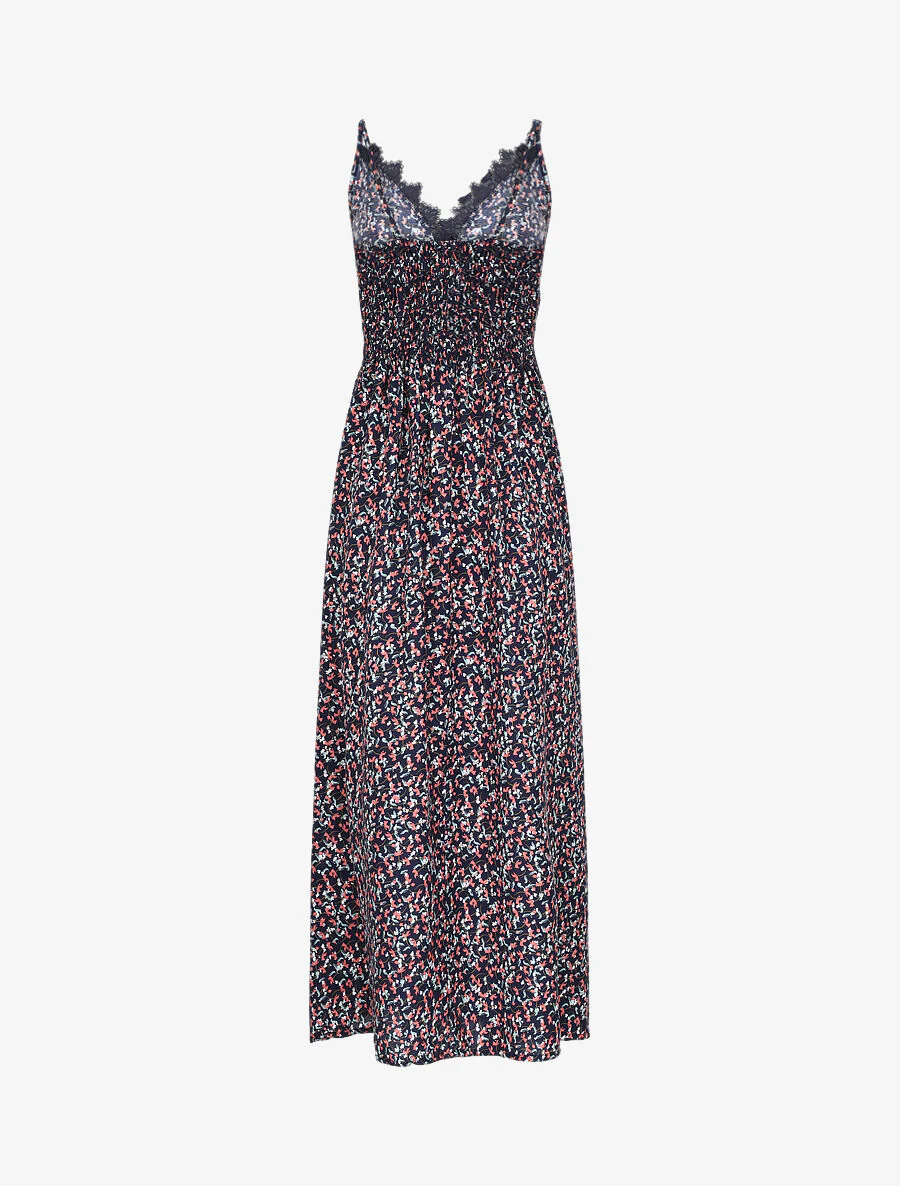 Lange jurk met grafische bloemen en fijne borduursels - Marineblauw - Image 2
