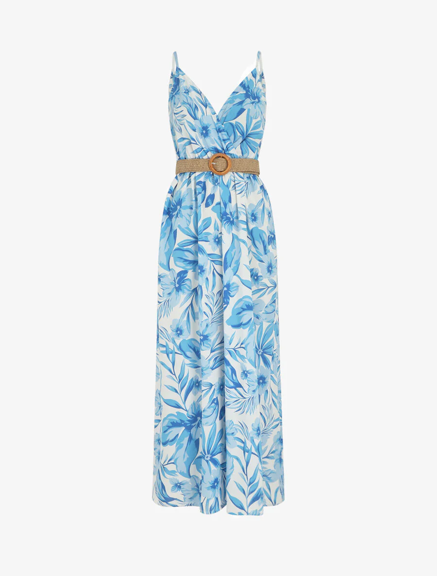 Lange jurk met grote bloemenprint en schouderbandjes - Blauw