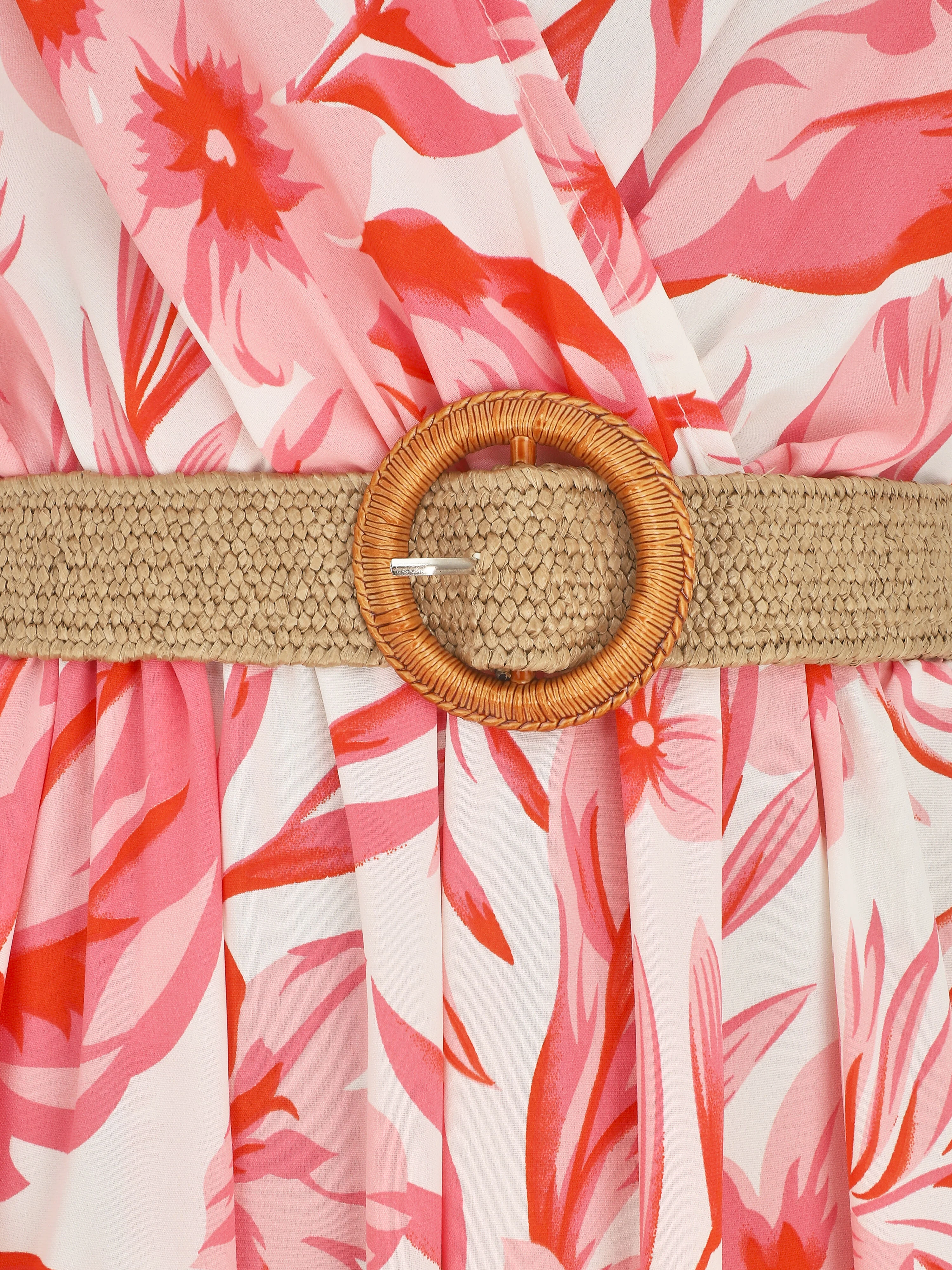 Lange jurk met grote bloemenprint en schouderbandjes - Rood - Image 3