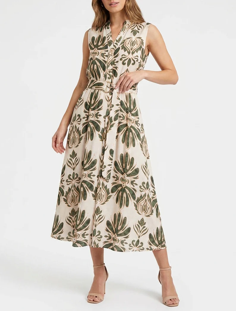 Lange jurk met ikat-print en decoratieve knopen - Groen - Image 4