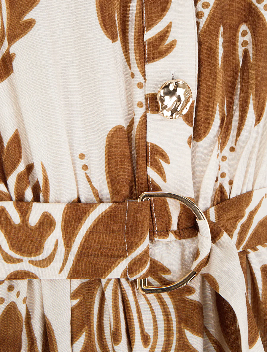 Lange jurk met ikat-print en decoratieve knopen - Kameel - Image 3