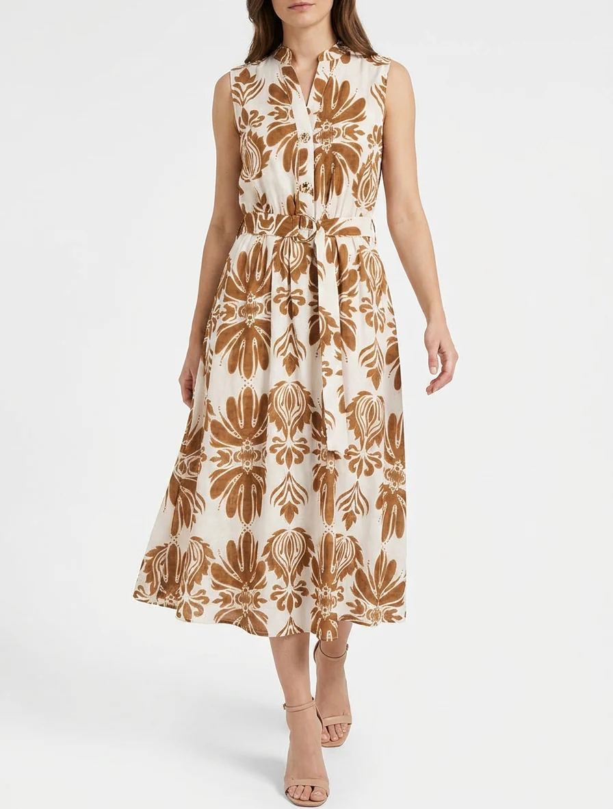Lange jurk met ikat-print en decoratieve knopen - Kameel - Image 4
