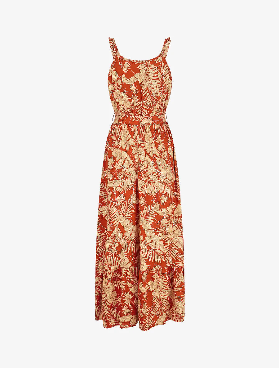 Lange jurk met iriserende tropische print en bandjes - baksteen - Image 2