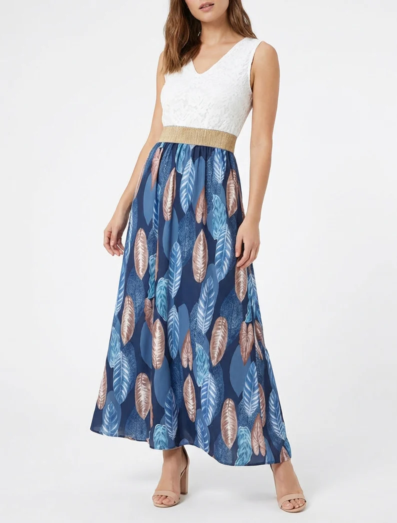 Lange jurk met kant en bladenprint - Marine - Image 4