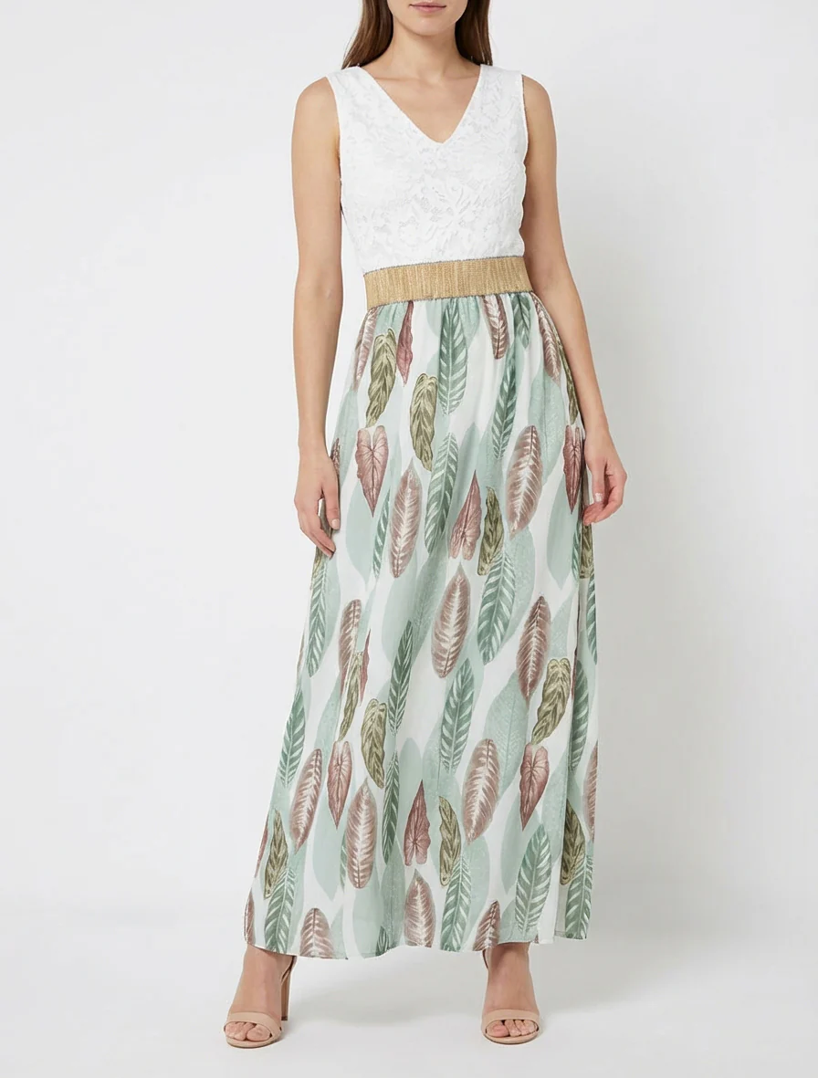 Lange jurk met kant en bladenprint - Amandelgroen - Image 4