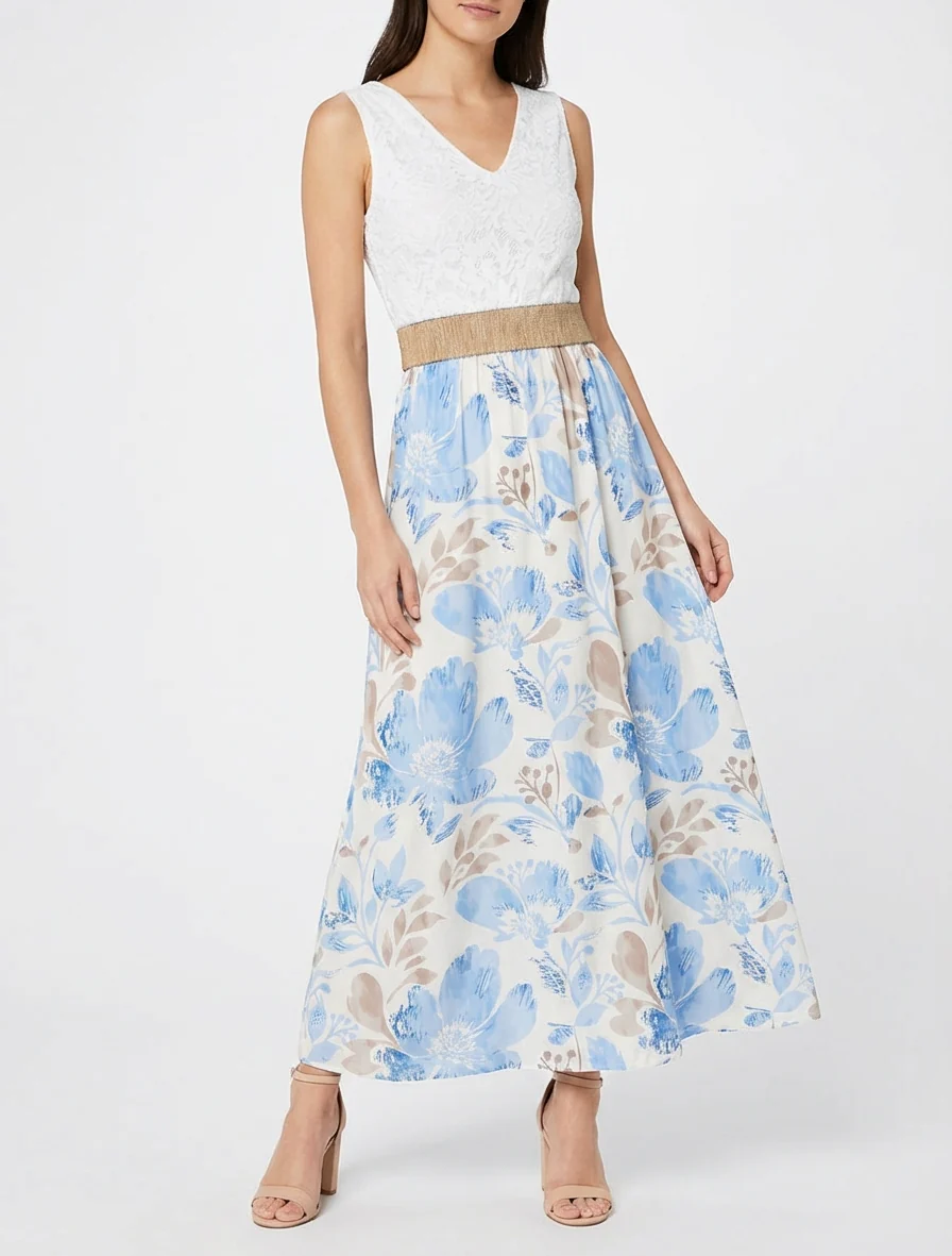 Lange jurk met kant en bloemenprint - Lichtblauw - Image 4
