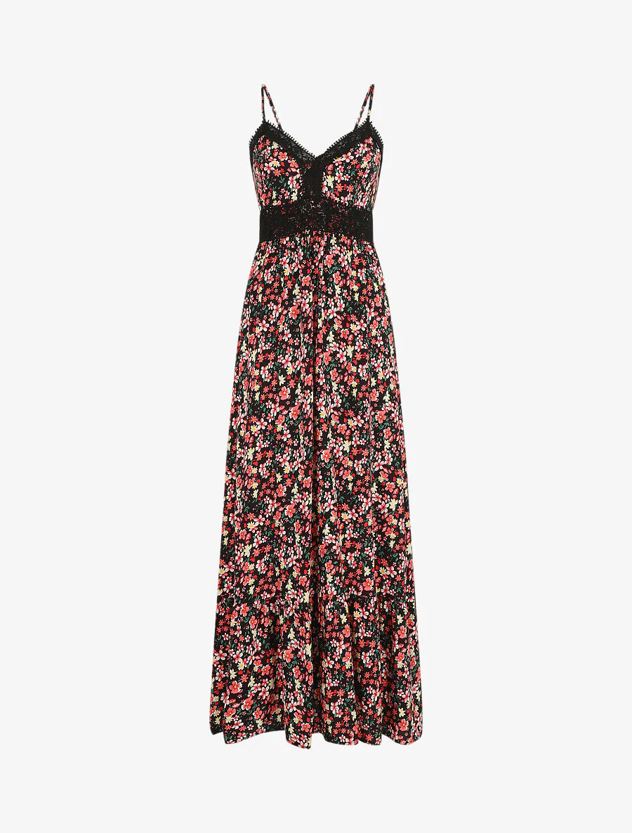 Lange jurk met kanten kraag en bloemenprint - Zwart