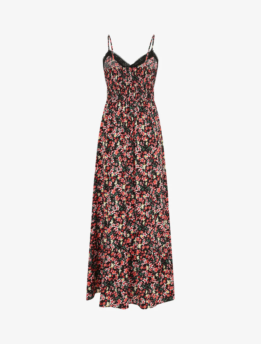 Lange jurk met kanten kraag en bloemenprint - Zwart - Image 2