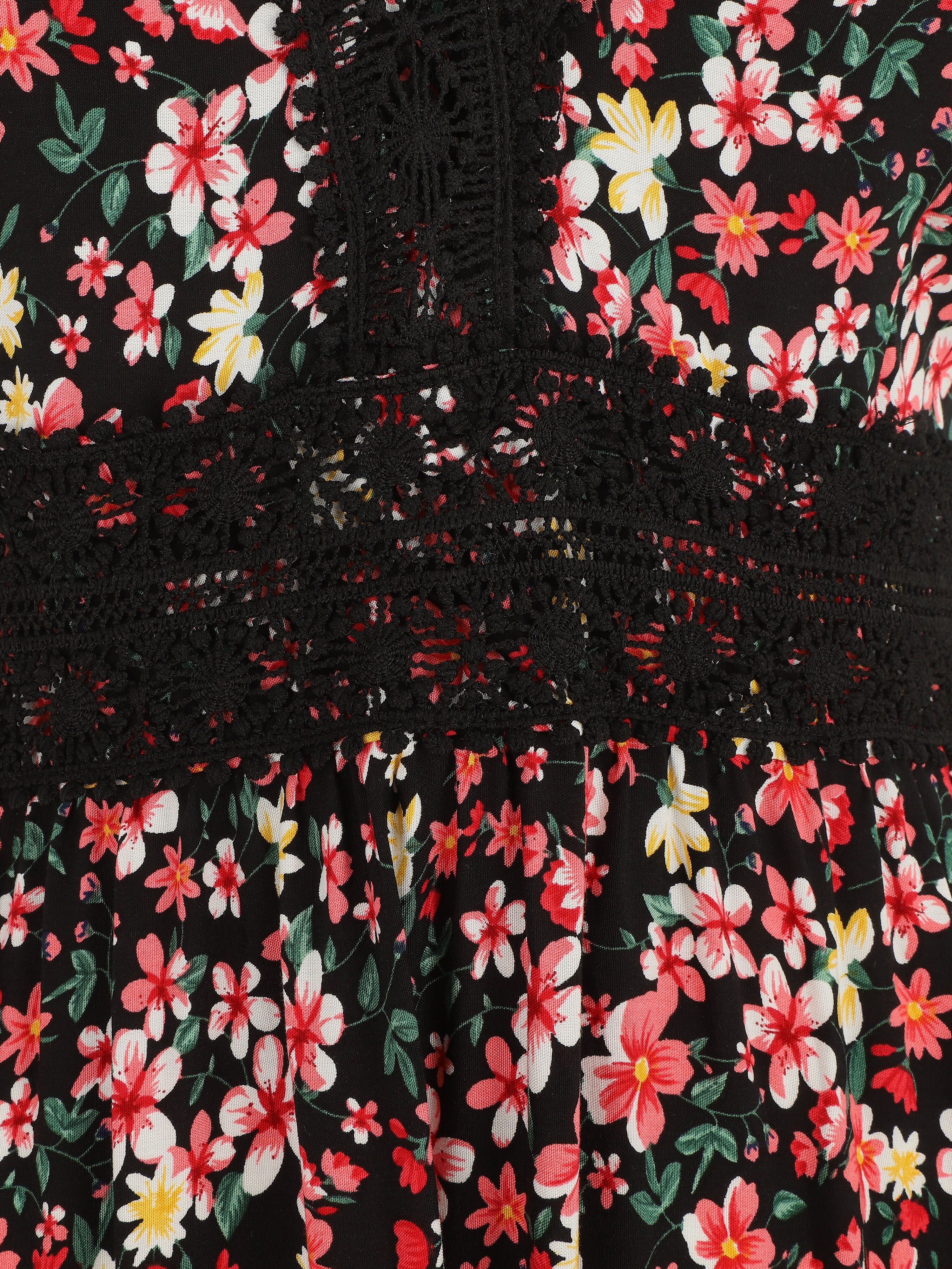 Lange jurk met kanten kraag en bloemenprint - Zwart - Image 3