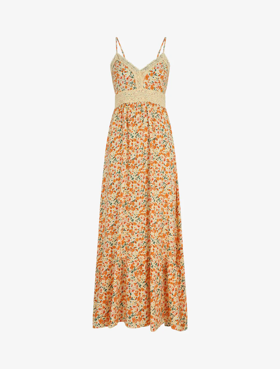 Lange jurk met kanten kraag en bloemenprint - Beige