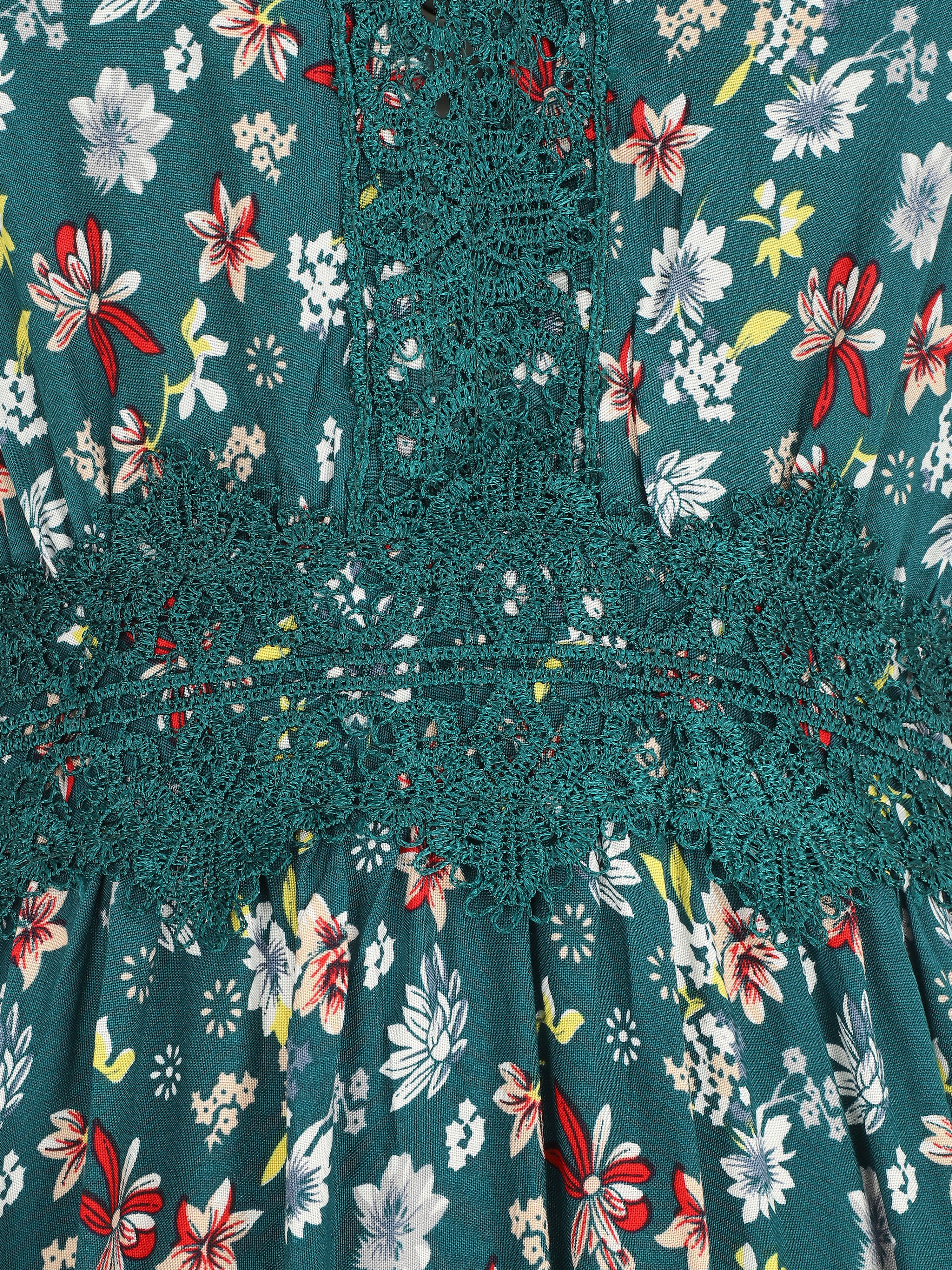 Lange jurk met kanten kraag en bloemige print - groen - Image 3