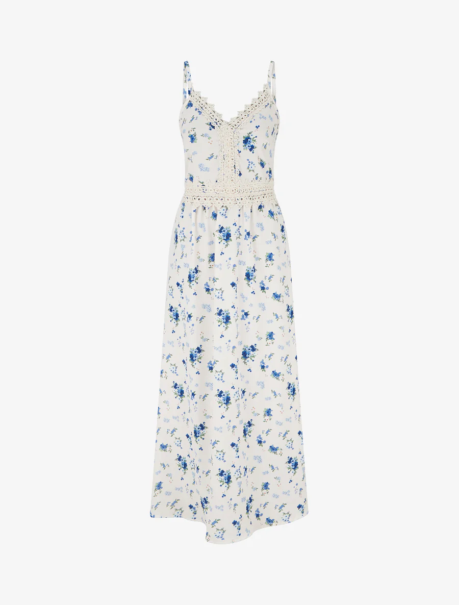 Lange jurk met kleine bloemenprint en haakdetails. - Blauw