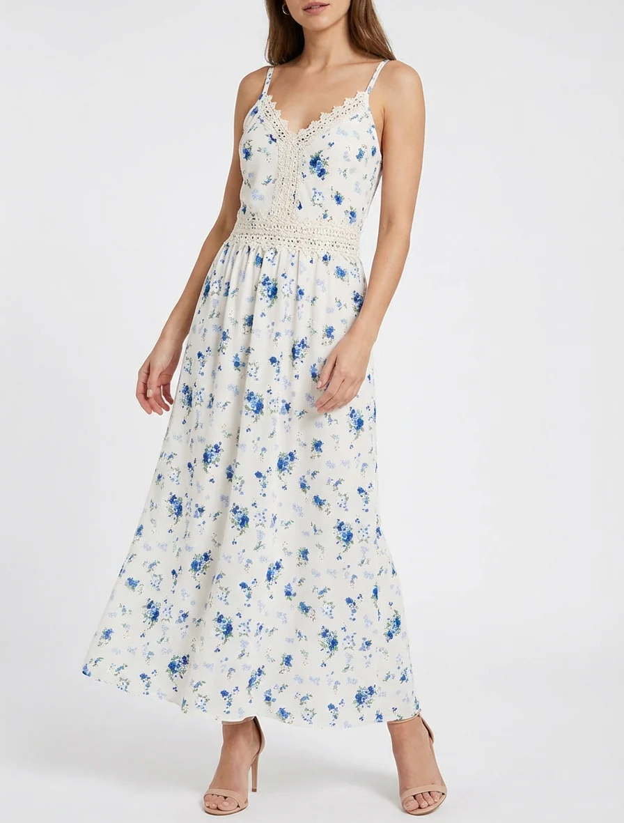 Lange jurk met kleine bloemenprint en haakdetails. - Blauw - Image 4