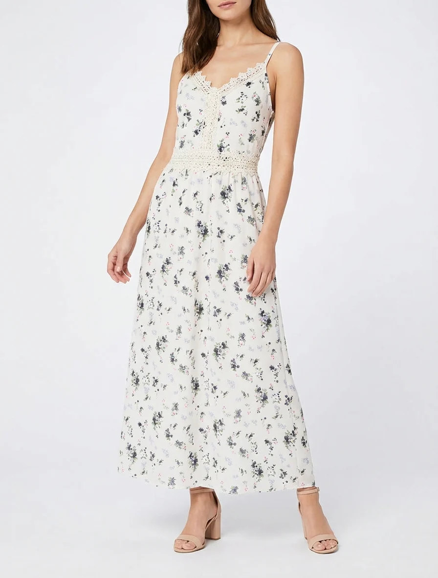 Lange jurk met kleine bloemenprint en haakdetails. - Zwart - Image 4