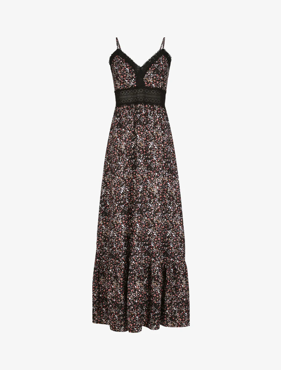 Lange jurk met kleine bloemenprint en kanten V-hals - Zwart