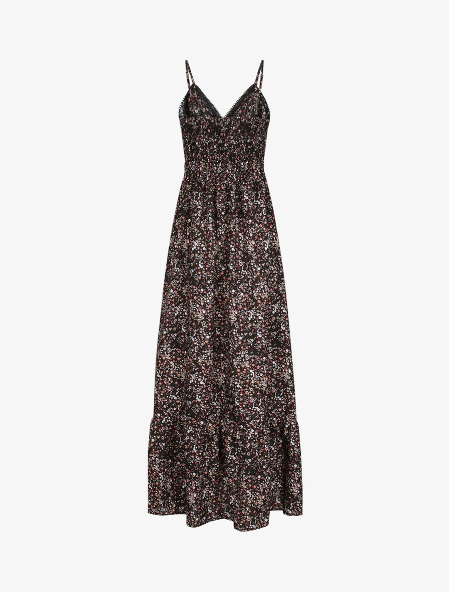 Lange jurk met kleine bloemenprint en kanten V-hals - Zwart - Image 2