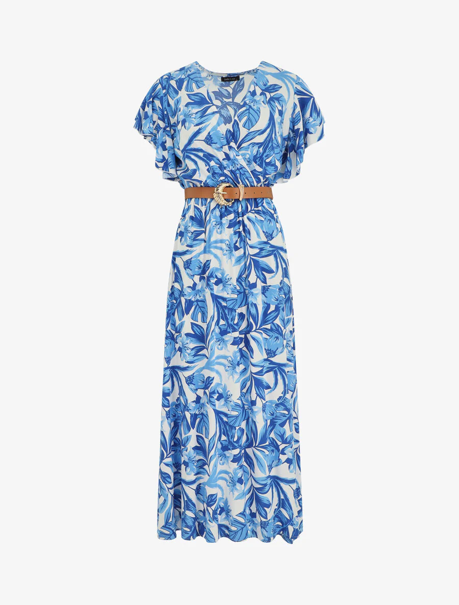 Lange jurk met korte mouwen en bloemige print - blauw