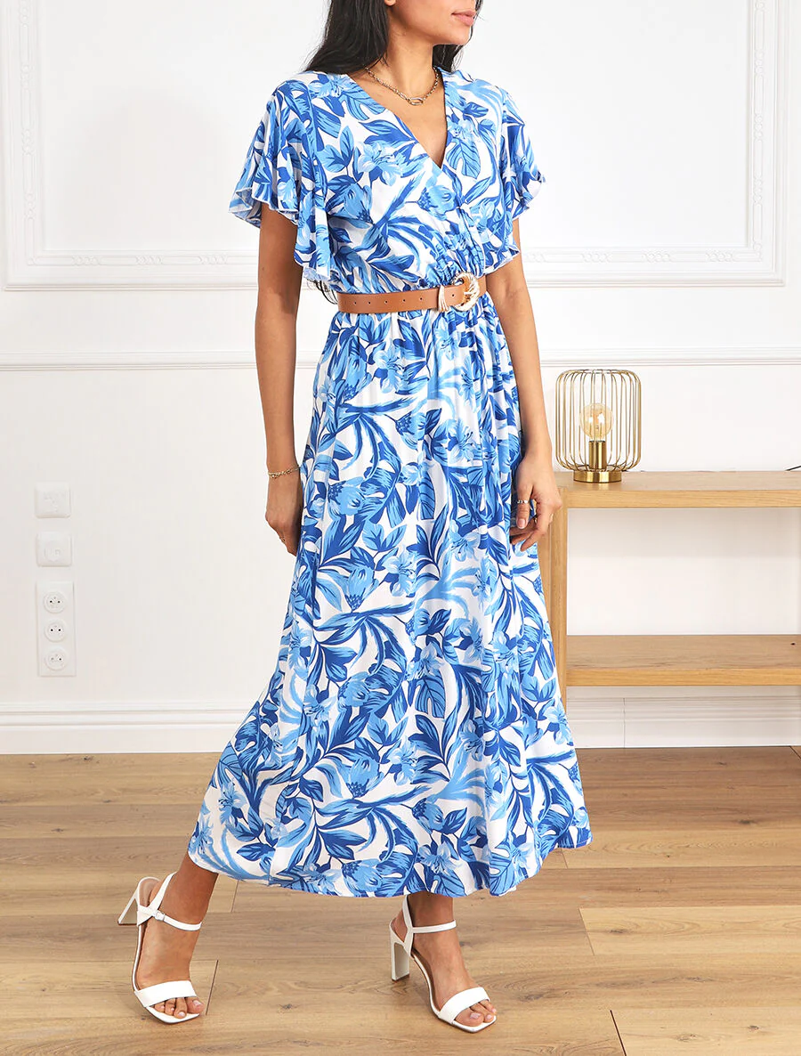 Lange jurk met korte mouwen en bloemige print - blauw - Image 4