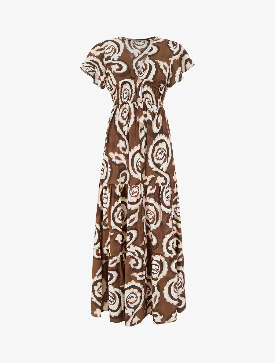 Lange jurk met korte mouwen en gestileerde paisleyprint - Bruin