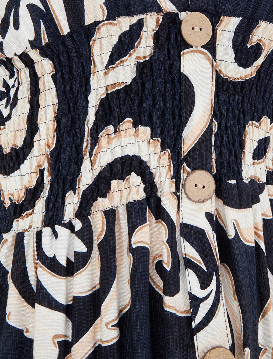 Lange jurk met korte mouwen en gestileerde paisleyprint - Marine - Image 3