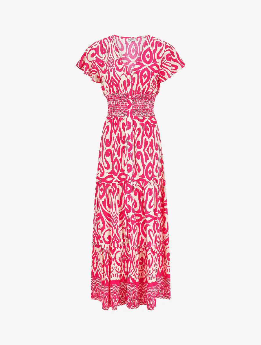 Lange jurk met korte mouwen en grafische print - fuchsia