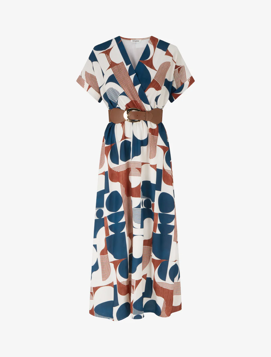 Lange jurk met korte mouwen en grafische print - Eendenblauw
