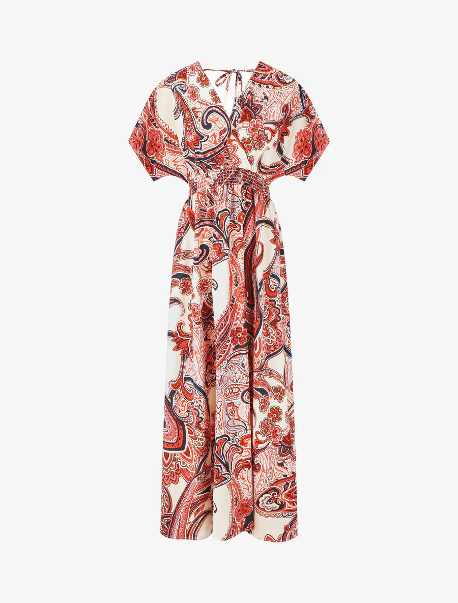 Lange jurk met korte mouwen en paisleyprint - Rood