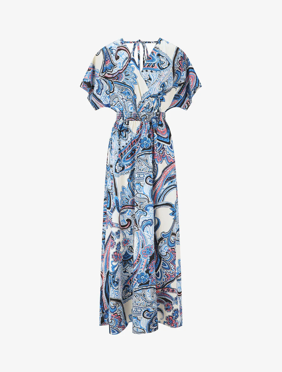 Lange jurk met korte mouwen en paisleyprint - blauw