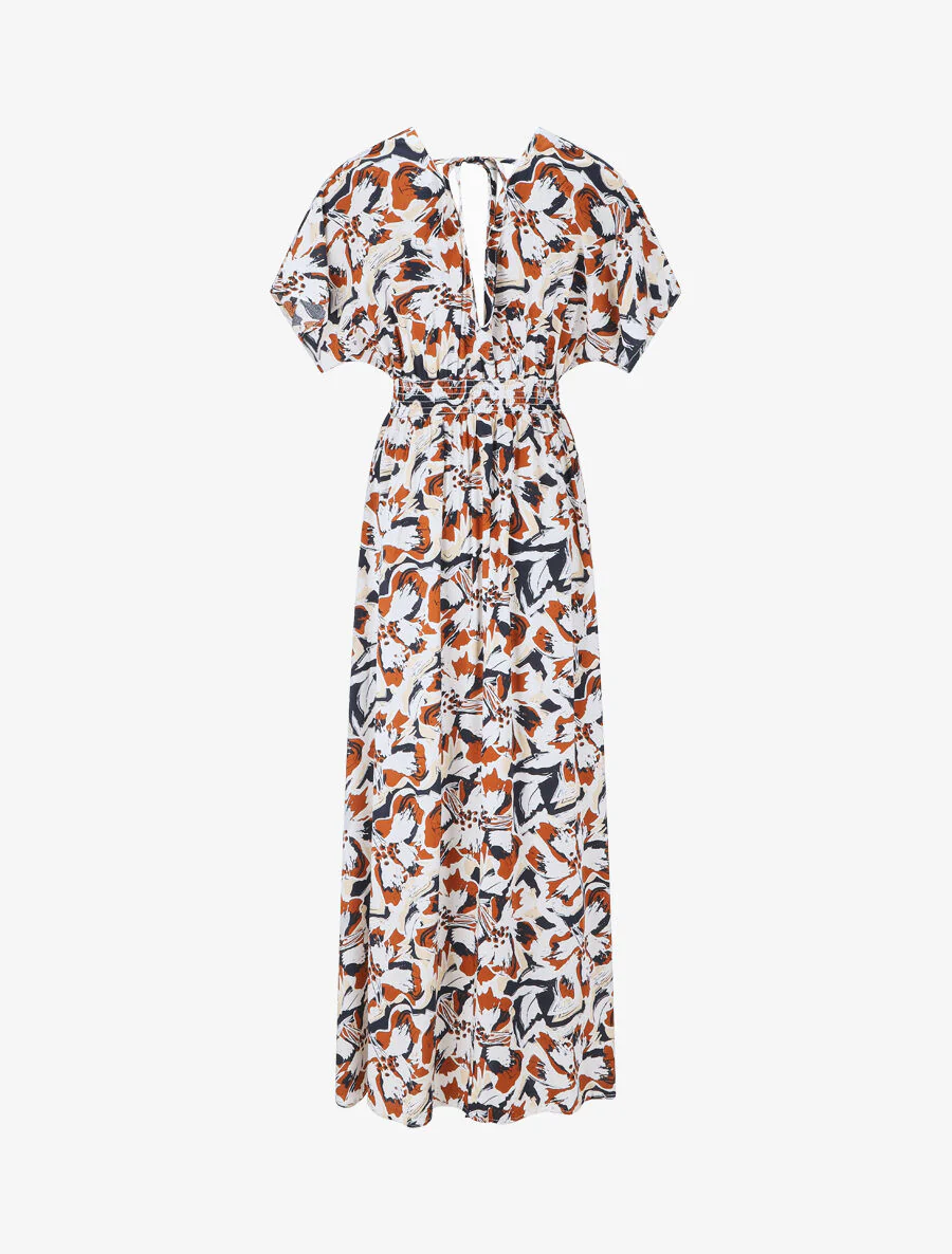 Lange jurk met korte mouwen en tropische print - Marineblauw - Image 2