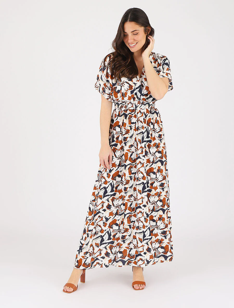 Lange jurk met korte mouwen en tropische print - Marineblauw - Image 4