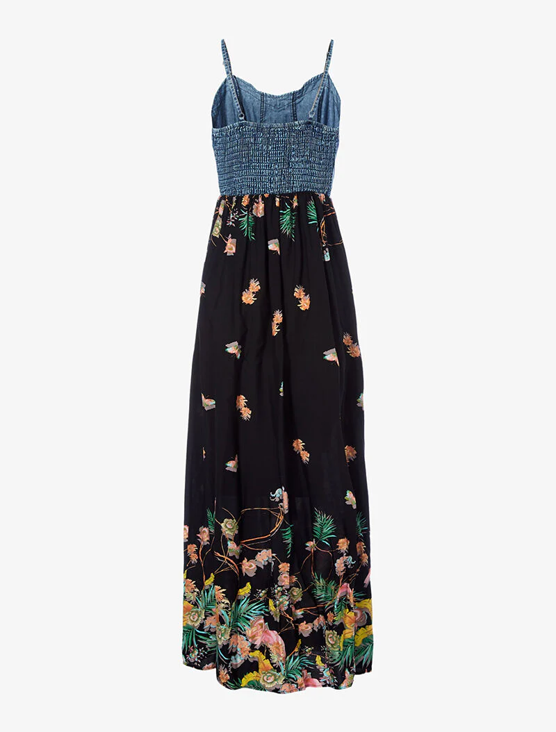Lange jurk met lentebloemenprint en denim buste - zwart - Image 2