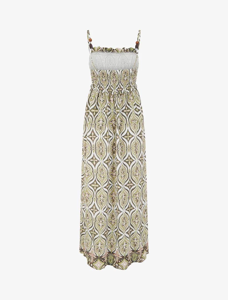 Lange jurk met parelbandjes en fantasieprint. - Kaki - Image 2