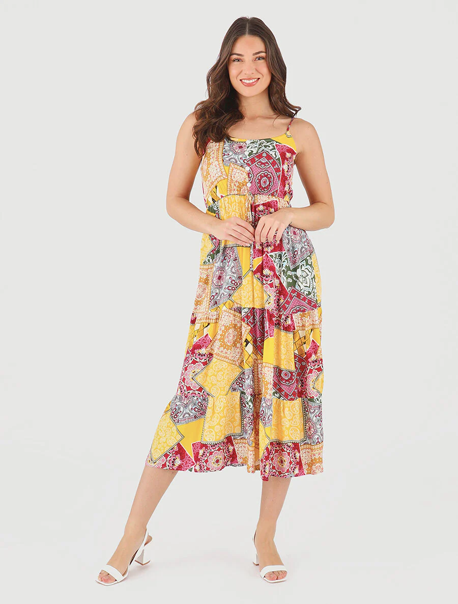 Lange jurk met patchwork en dunne bandjes - geel - Image 4