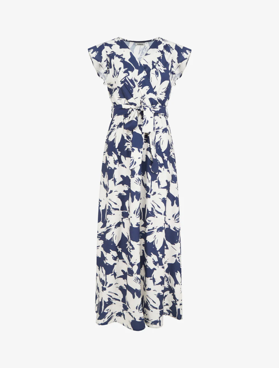 Lange jurk met tropische bloemenprint en korte mouwen - Marine