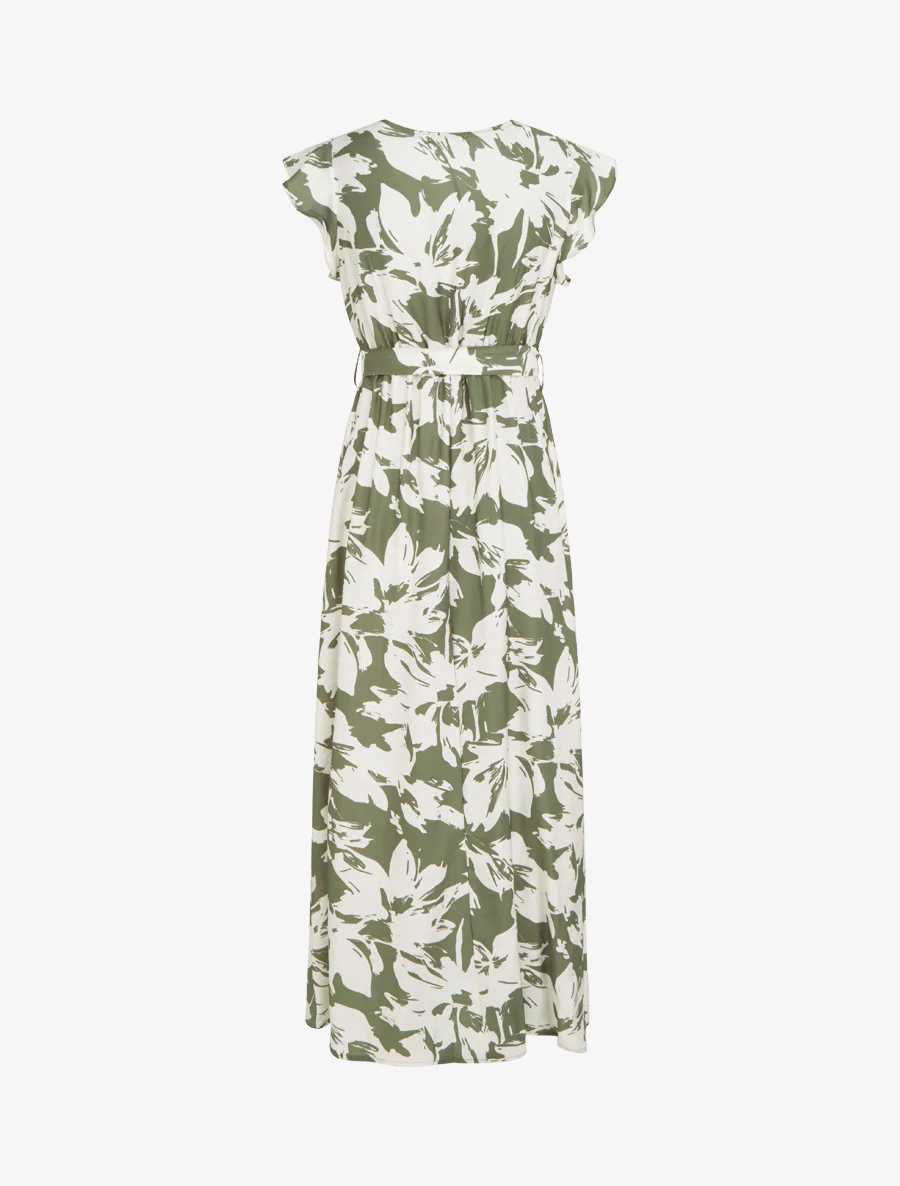 Lange jurk met tropische bloemenprint en korte mouwen - Kaki - Image 2