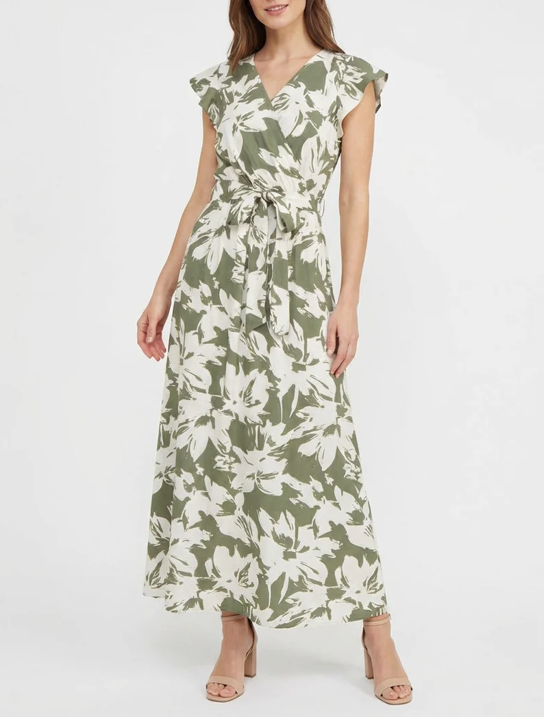 Lange jurk met tropische bloemenprint en korte mouwen - Kaki - Image 4