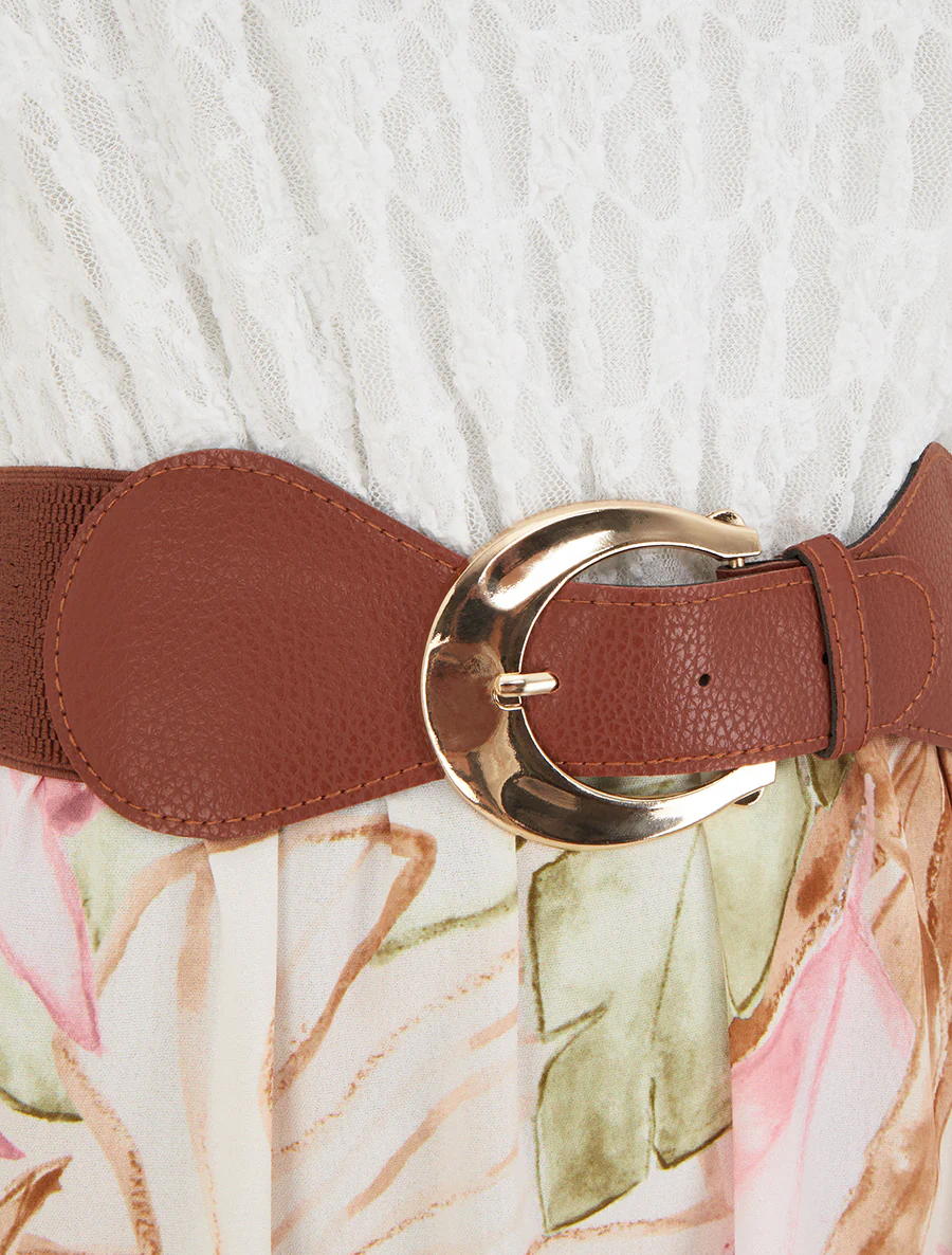 Lange jurk met tropische print en imitatiebandjes - Beige - Image 3
