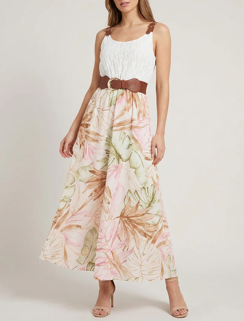 Lange jurk met tropische print en imitatiebandjes - Beige - Image 4
