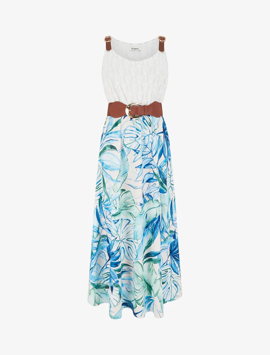 Lange jurk met tropische print en imitatiebandjes - Blauw
