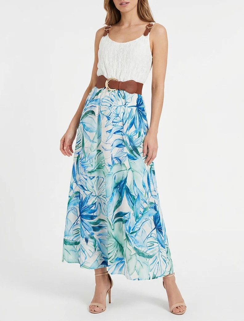 Lange jurk met tropische print en imitatiebandjes - Blauw - Image 4