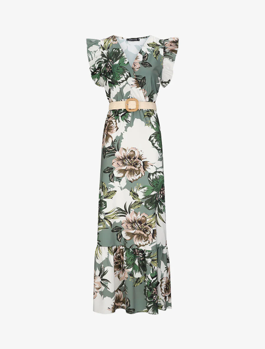 Lange jurk met tropische print en volantmouwen - Kakigroen