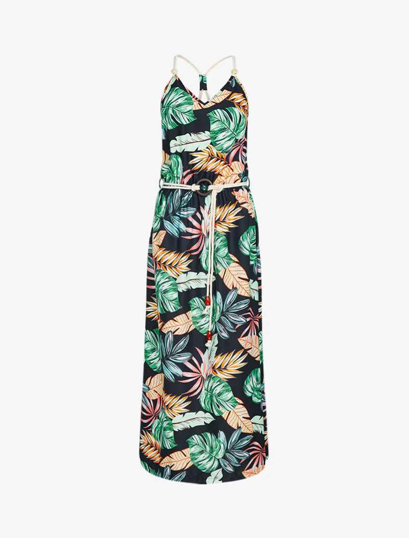 Lange jurk met tropische print - zwart - Image 3