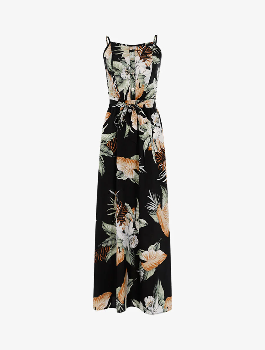 Lange jurk met tropische print - zwart