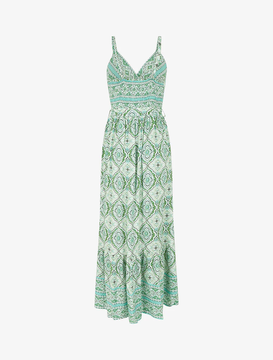 Lange uitlopende jurk met bloemen arabeskenprint en bandjes - Groen - Image 2