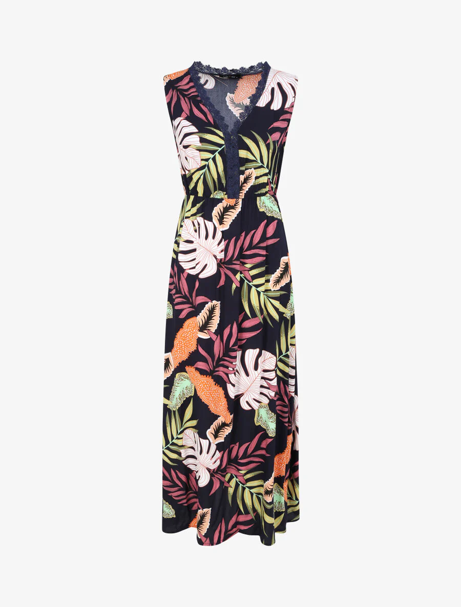 Lange katoenen jurk met tropische bloemenprint - Marine