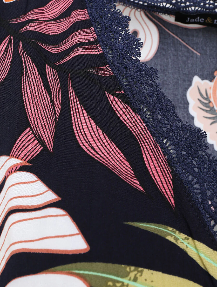 Lange katoenen jurk met tropische bloemenprint - Marine - Image 3